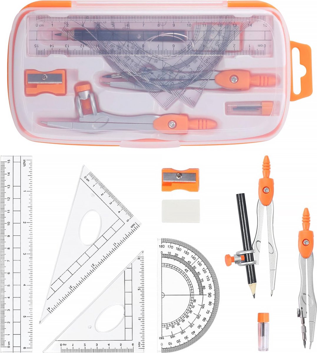 YONO Wiskunde School Set 10in1 - Passer / Geodriehoek / Liniaal / Potlood - Schoolspullen Middelbare - Oranje