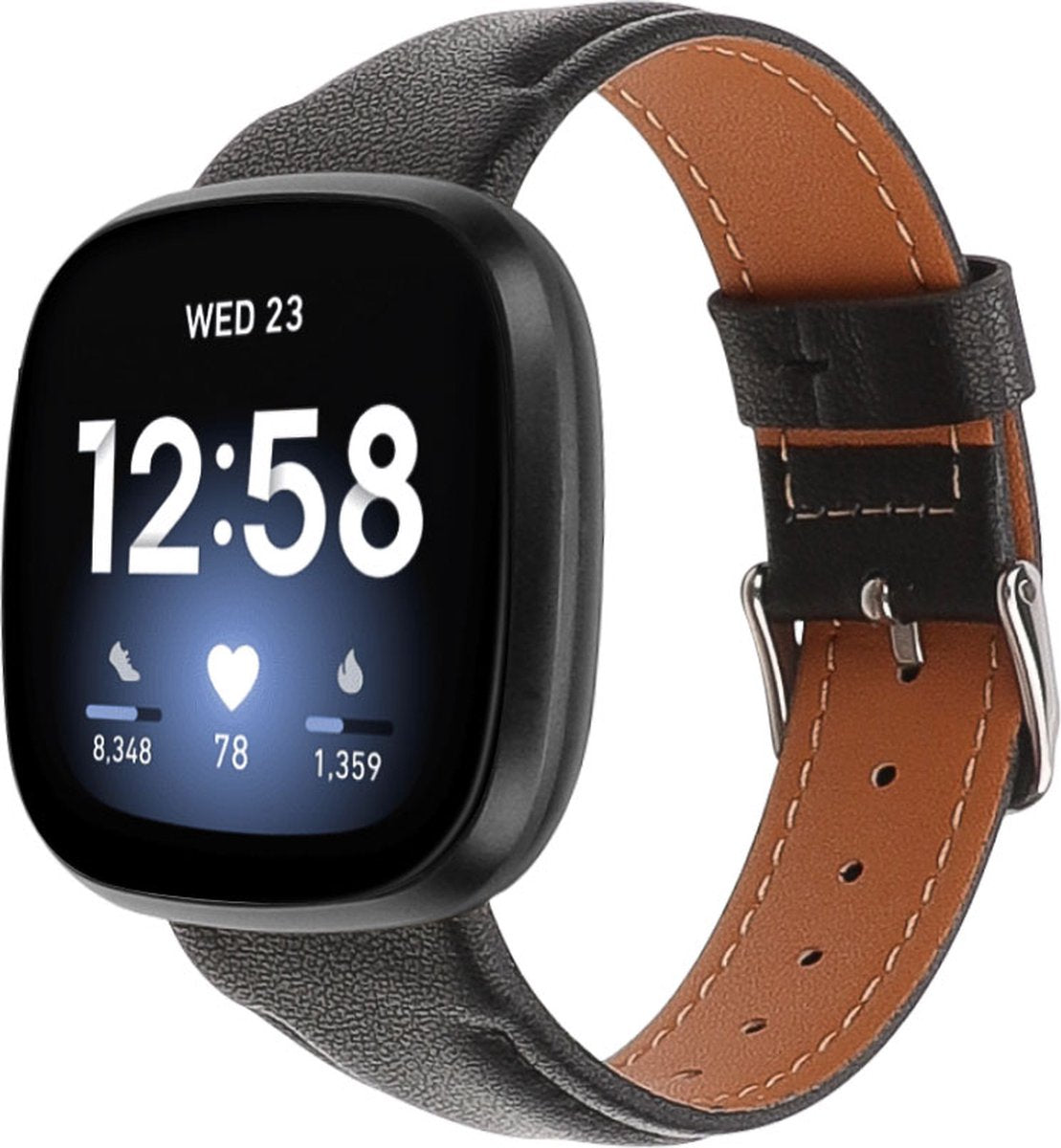 YONO Leer Bandje geschikt voor Fitbit Versa 4 / Sense 2 - Vervangende Lederen Armband - Zwart - Small