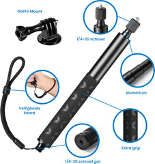YONO Premium Stick geschikt voor GoPro / DJI Osmo / Insta360 - Onzichtbare Selfie Pole Mount Accessoires Waterproof - Uitschuifbaar tot 120cm - Zwart