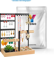 YONO Sieradenrekje Organizer - Houder Display voor Oorbellen / Kettingen / Armbanden Opbergen - Hout en RVS - Zwart