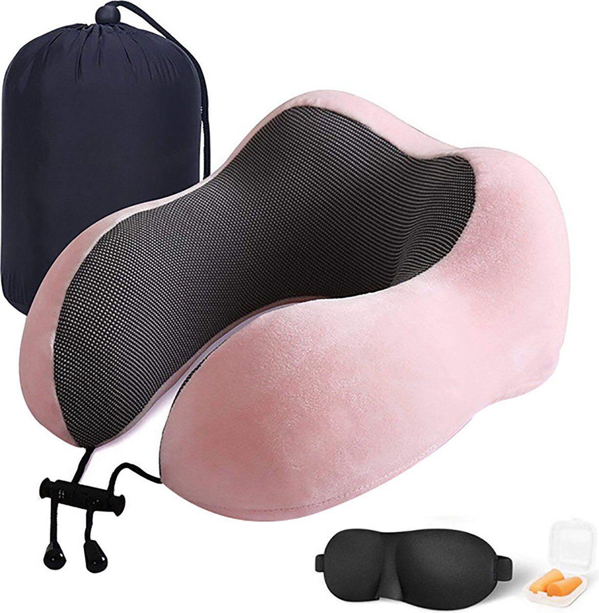 YONO Premium Nekkussen Set - Reiskussen Vliegtuig en Auto - Traagschuim Memory Foam - Inclusief Slaapmasker en Oordopjes Slapen - Lichtroze