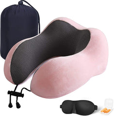 YONO Premium Nekkussen Set - Reiskussen Vliegtuig en Auto - Traagschuim Memory Foam - Inclusief Slaapmasker en Oordopjes Slapen - Lichtroze