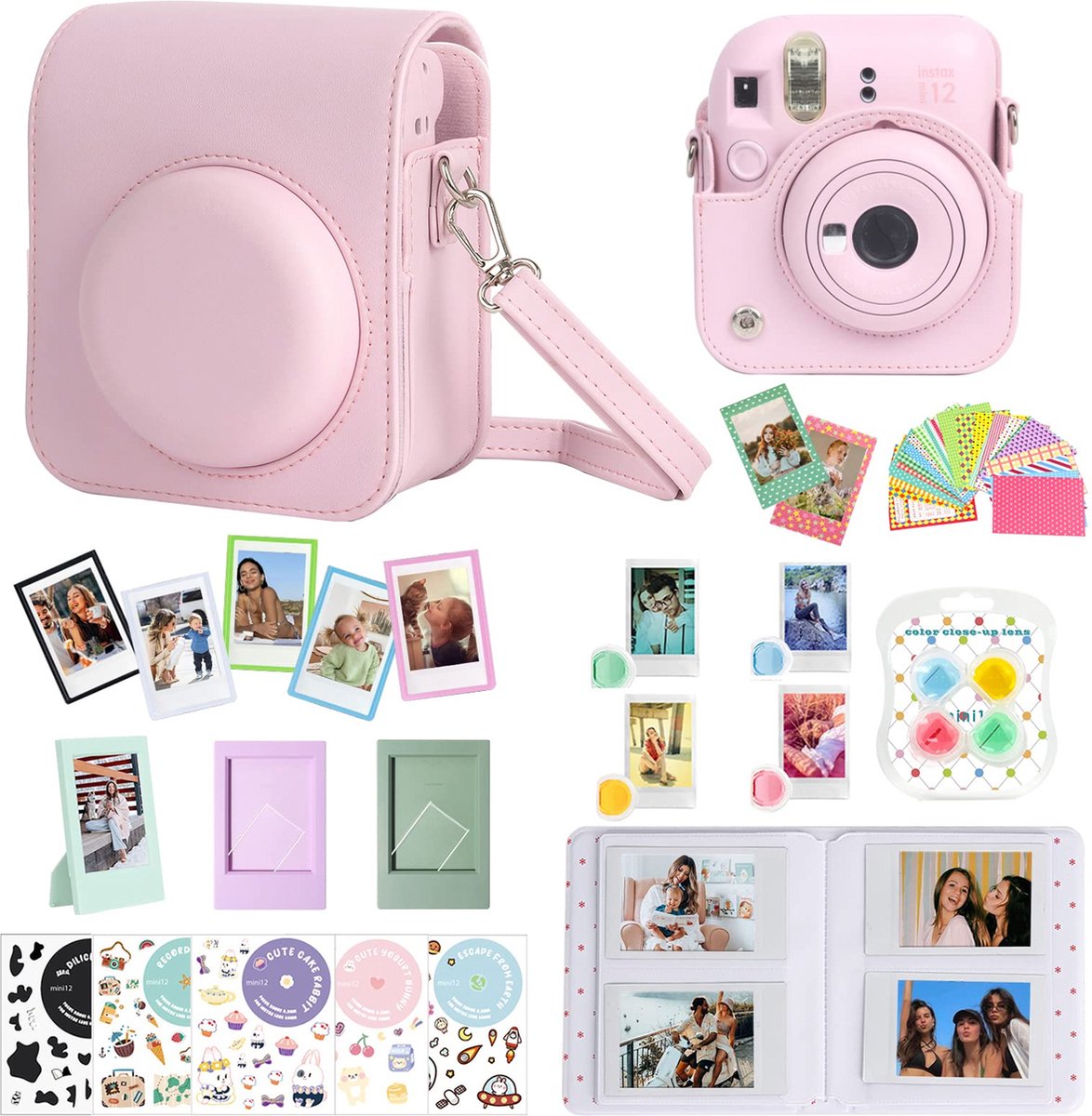 YONO Accessoires Set XL geschikt voor Fujifilm Instax Mini 12 - Camera Tas met Draagriem - Hoesje en Fotoalbum - Fotolijstjes - Filters - Stickers - Bloesem Roze