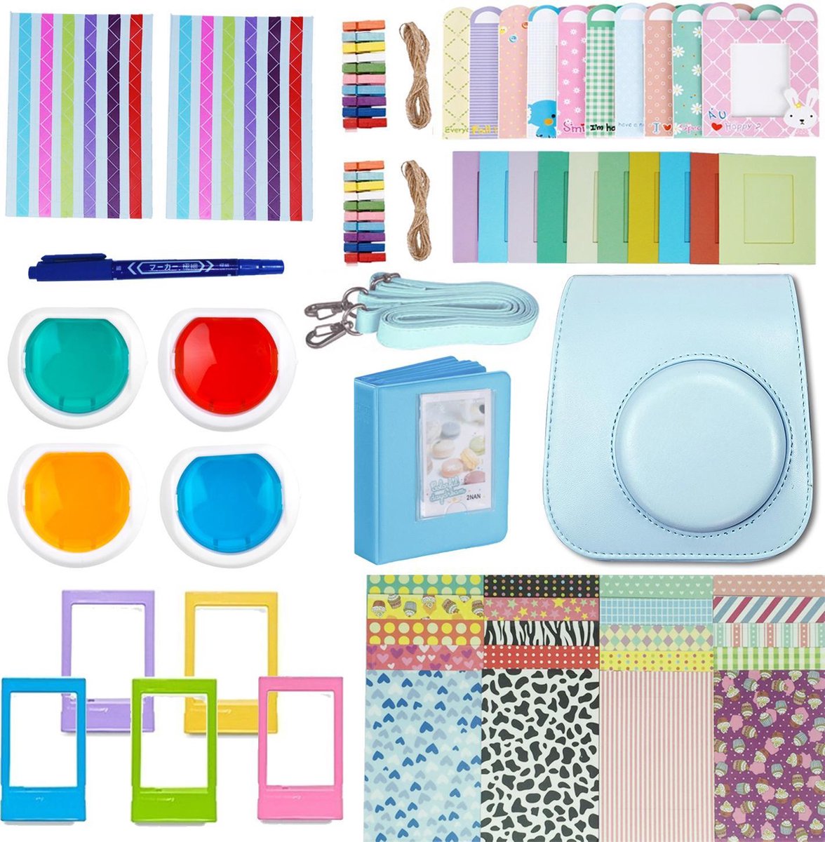 YONO Accessoires Set geschikt voor Fujifilm Instax Mini 11 - Case - Camera Tas - Hoesje - Filters - Fotoboek - Fotoalbum - Stickers en meer - Blauw