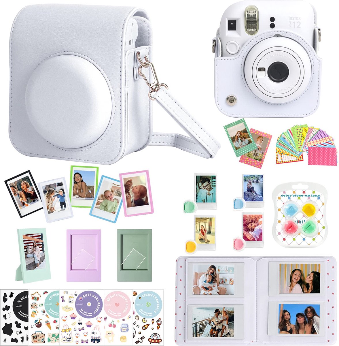 YONO Accessoires Set XL geschikt voor Fujifilm Instax Mini 12 - Camera Tas met Draagriem - Hoesje en Fotoalbum - Fotolijstjes - Filters - Stickers - Klei Wit