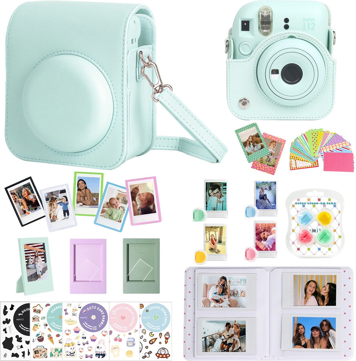 YONO Accessoires Set XL geschikt voor Fujifilm Instax Mini 12 - Camera Tas met Draagriem - Hoesje en Fotoalbum - Fotolijstjes - Filters - Stickers - Mint Groen