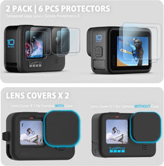 YONO Bescherming Accessoires Set geschikt voor GoPro Hero 12/11/10/9 - Siliconen Case - Polskoord - Lens Kapjes - Screen Protectors - 12 in 1