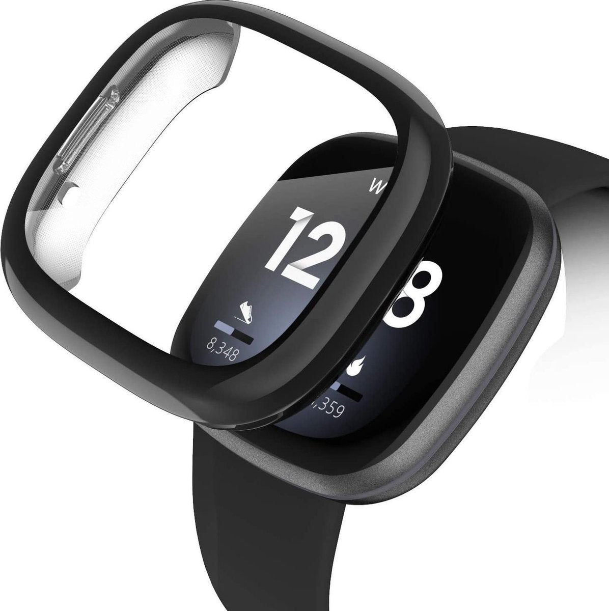 Full Cover Bumper geschikt voor Fitbit Versa 3 / Sense – Siliconen Screenprotector Case - Beschermings Hoesje – Zwart
