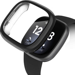 Full Cover Bumper geschikt voor Fitbit Versa 3 / Sense – Siliconen Screenprotector Case - Beschermings Hoesje – Zwart