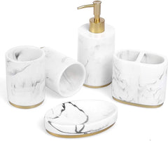 YONO Badkamer Accessoires Set - Zeeppompje - Zeepbakje - Tandenborstel Houder - Beker - Marmerlook Wit Goud