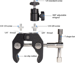 YONO Super Clamp Mount geschikt voor Camera - Klem Statief met Balhoofd, 1/4 en 3/8 Schroef Aansluiting - Zwart