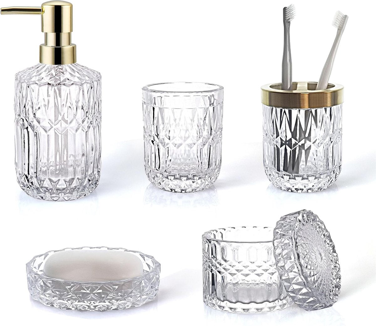 YONO Badkamer Accessoires Set - Gehard Glas - Zeeppompje - Zeepbakje - Tandenborstel Houder - Beker - Transparant