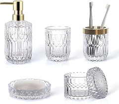 YONO Badkamer Accessoires Set - Gehard Glas - Zeeppompje - Zeepbakje - Tandenborstel Houder - Beker - Transparant