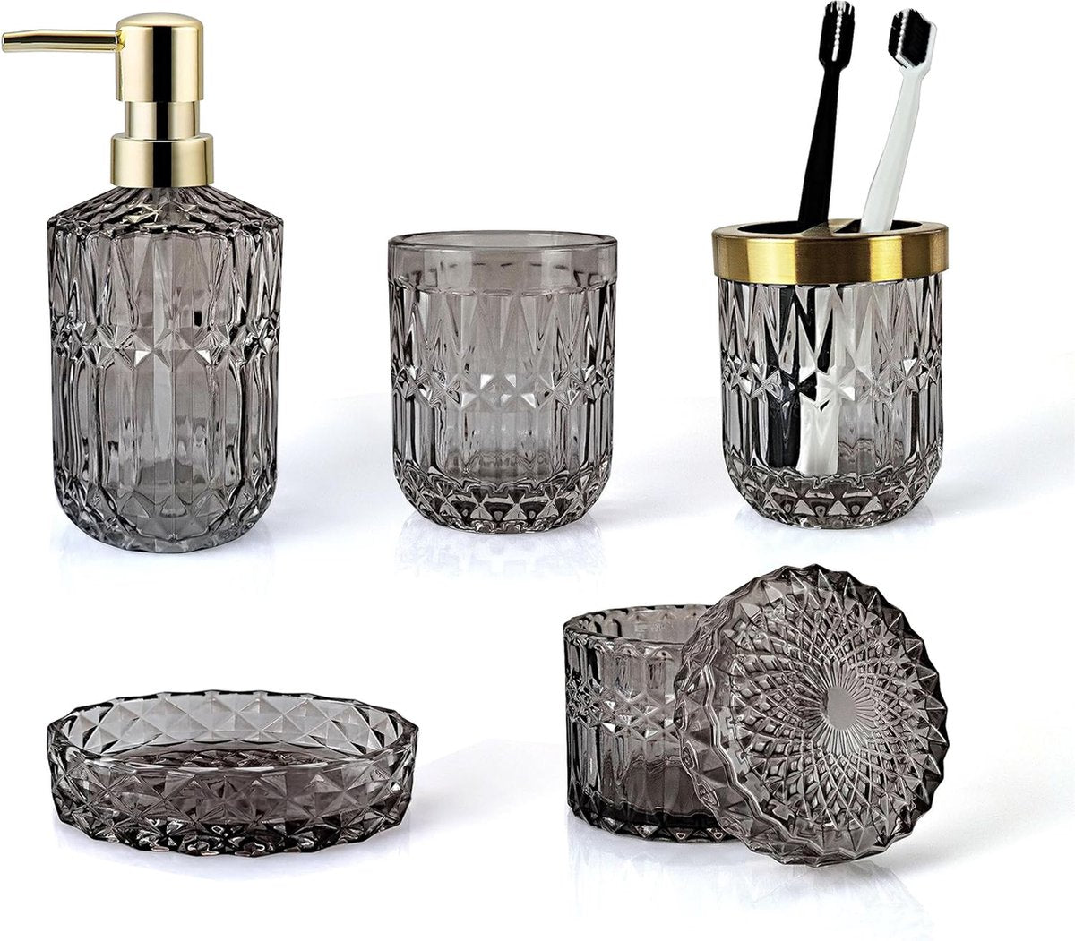 YONO Badkamer Accessoires Set - Gehard Glas - Zeeppompje - Zeepbakje - Tandenborstel Houder - Beker - Grijs