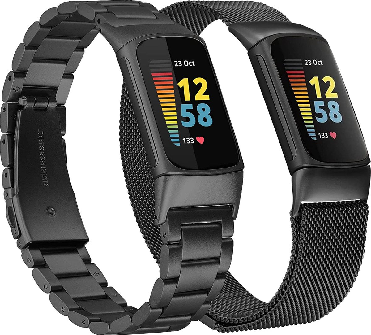 YONO Milanees en Schakel Bandje geschikt voor Fitbit Charge 5 / 6 - Milanese en RVS Vervangende Armband Strap - 2-Pack - Zwart