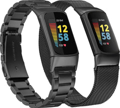 YONO Milanees en Schakel Bandje geschikt voor Fitbit Charge 5 / 6 - Milanese en RVS Vervangende Armband Strap - 2-Pack - Zwart