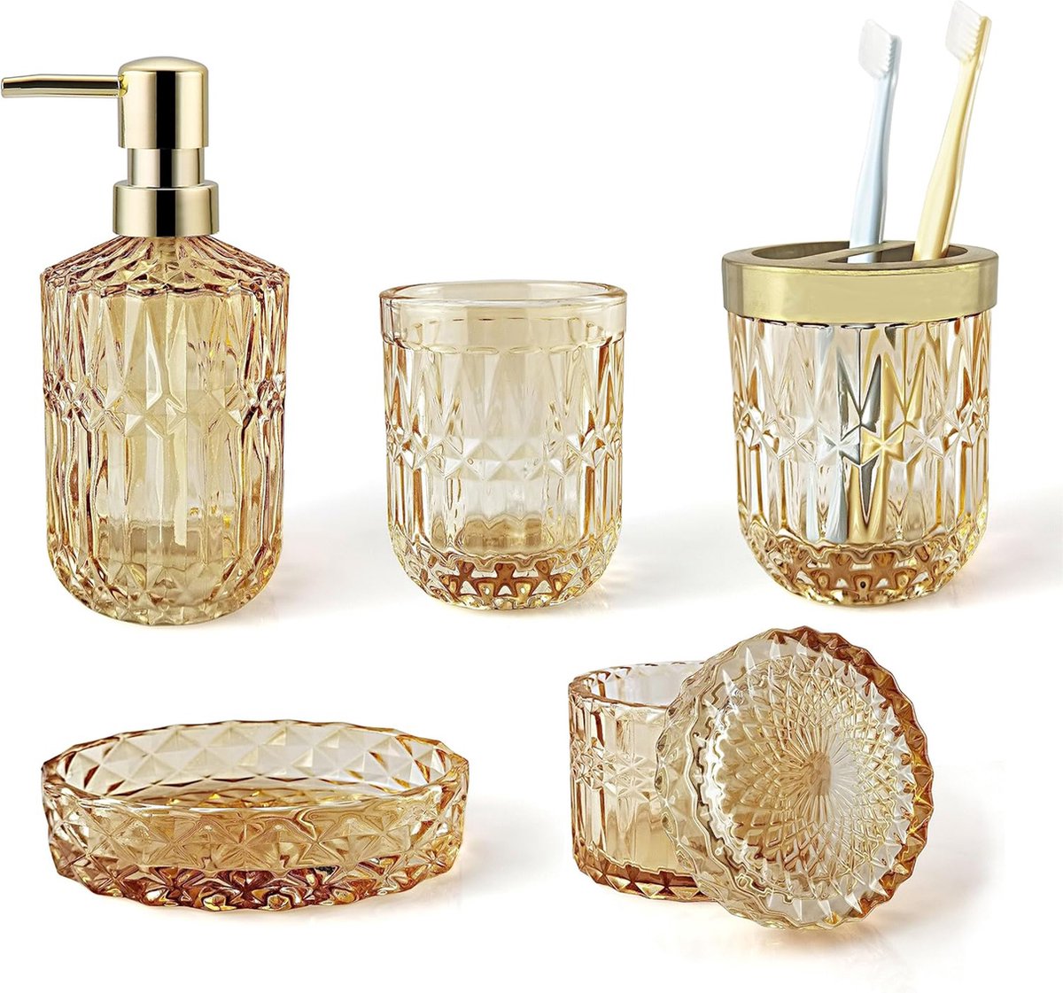 YONO Badkamer Accessoires Set - Gehard Glas - Zeeppompje - Zeepbakje - Tandenborstel Houder - Beker - Oker