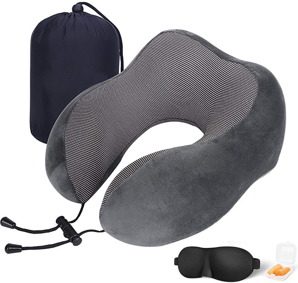 YONO Premium Nekkussen Set - Reiskussen Vliegtuig en Auto - Traagschuim Memory Foam - Inclusief Slaapmasker en Oordopjes Slapen - Donkergrijs