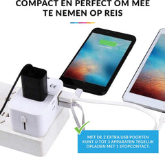 YONO Wereldstekker Universeel met 2 Fast Charge USB Poorten – Internationale Reisstekker geschikt voor 170+ Landen - Amerika/Engeland/UK/Italie/Australië/Japan/Type A/G – Wit