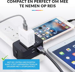 YONO Wereldstekker Universeel met 2 Fast Charge USB Poorten – Internationale Reisstekker geschikt voor 170+ Landen - Amerika/Engeland/UK/Italie/Australië/Japan/Type A/G – Zwart