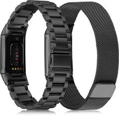 YONO Milanees en Schakel Bandje geschikt voor Fitbit Charge 5 / 6 - Milanese en RVS Vervangende Armband Strap - 2-Pack - Zwart