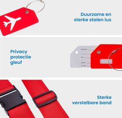 YONO Kofferriem met Kofferlabel - 2 Kofferband en 2 Bagagelabel - Dubbele Bagage Riem Verstelbaar - 4 Pack - Rood