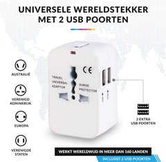 YONO Wereldstekker Universeel met 2 Fast Charge USB Poorten – Internationale Reisstekker geschikt voor 170+ Landen - Amerika/Engeland/UK/Italie/Australië/Japan/Type A/G – Wit
