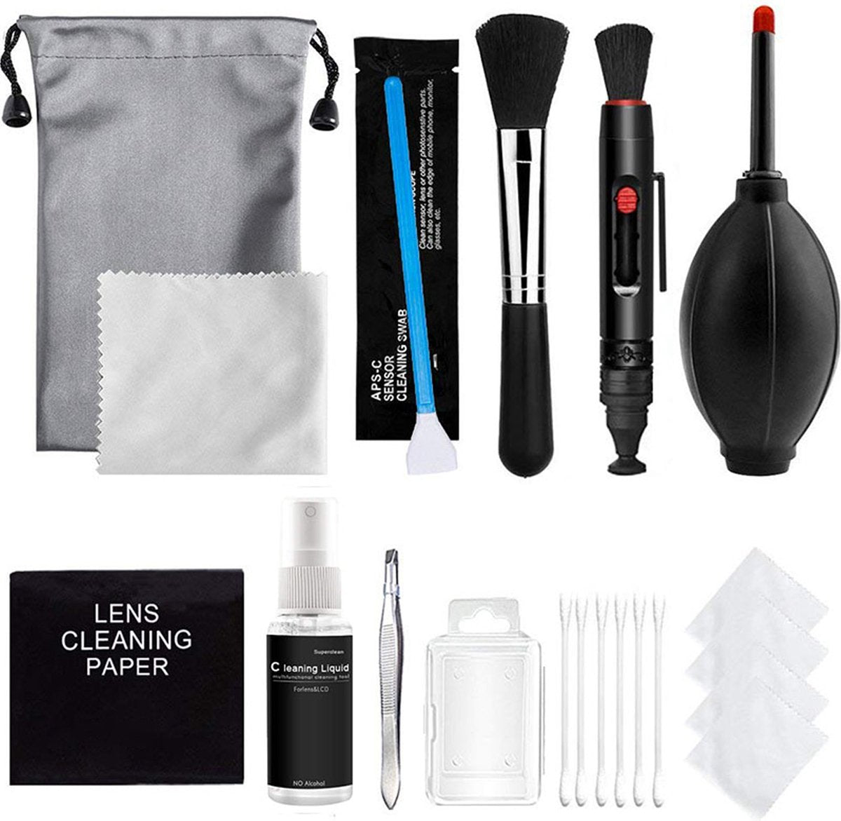 YONO Professionele Camera Schoonmaakset - Cleaning Kit - Lens en Sensor Reiniging Set - Lenspen - Blaasbalg - Microvezeldoekjes - Swabs - 18in1
