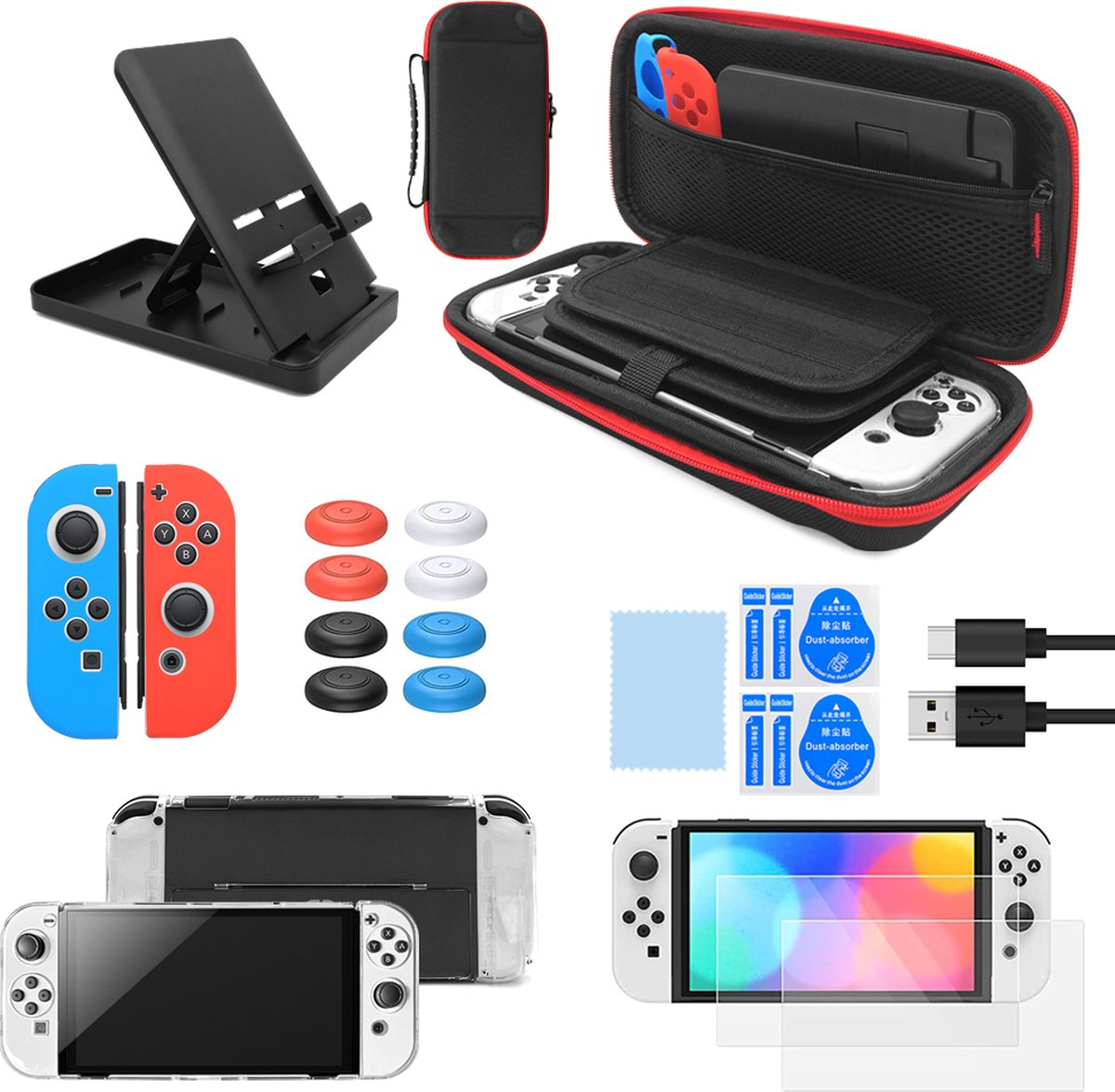 YONO Accessoires Set geschikt voor Nintendo Switch OLED - Grip Case met Thumb Grips - Siliconen Houder geschikt voor Joy Con - Bescherm Hoes - Standaard - Screen Protector Set - 17in1
