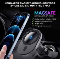 YONO Autohouder geschikt voor Apple iPhone 14 / 13 / 12 / Mini / Pro / Max Mag-safe - Draadloze Oplader met Magneet voor Auto - Magnetische Telefoonhouder Ventilatie - Autolader Houder - Zwart