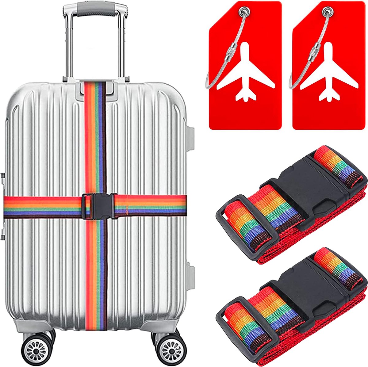 YONO Kofferriem met Kofferlabel - 2 Kofferband en 2 Bagagelabel - Dubbele Bagage Riem Verstelbaar - 4 Pack - Regenboog
