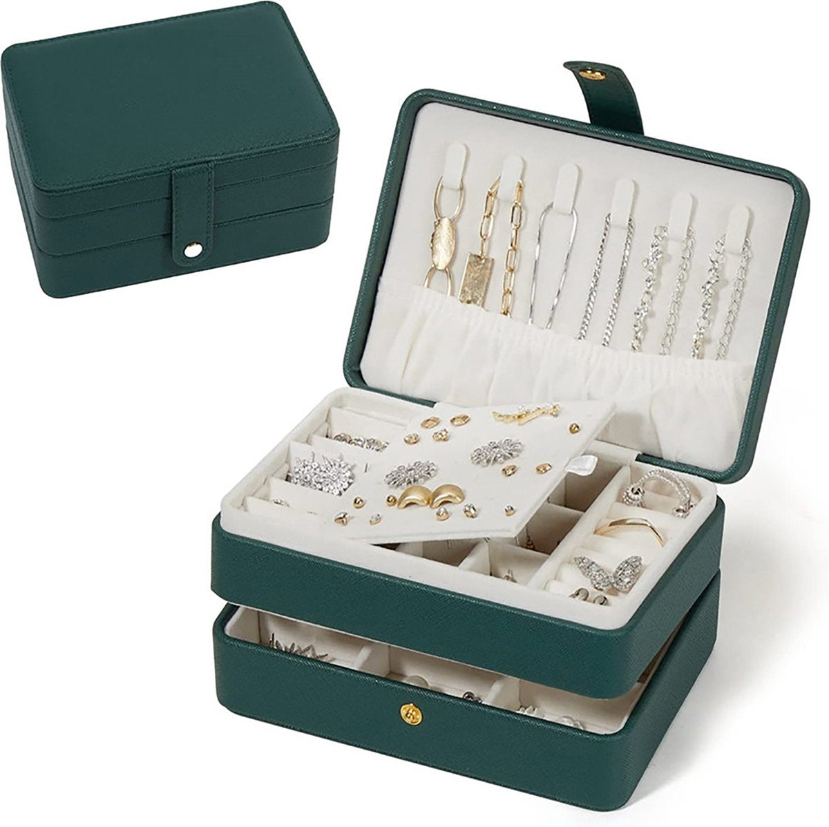 YONO Sieradendoosje - Doos voor Juwelen / Ringen / Kettingen / Oorbellen / Armbanden - Sieraden Organizer - Houder en Opberger - Opbergsysteem - Donkergroen