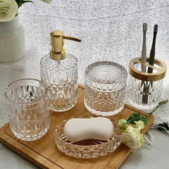 YONO Badkamer Accessoires Set - Gehard Glas - Zeeppompje - Zeepbakje - Tandenborstel Houder - Beker - Transparant