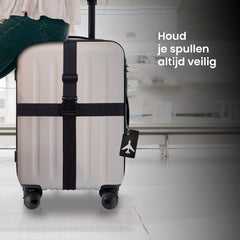 YONO Kofferriem met Kofferlabel - 2 Kofferband en 2 Bagagelabel - Dubbele Bagage Riem Verstelbaar - 4 Pack - Zwart