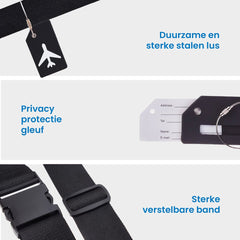 YONO Kofferriem met Kofferlabel - 2 Kofferband en 2 Bagagelabel - Dubbele Bagage Riem Verstelbaar - 4 Pack - Zwart