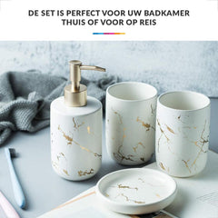 Badkamer Accessoires Set – Tandenborstelhouder –Zeeppompje Zeepbakje – Keramiek met Marmer Design – Wit