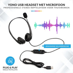 YONO Headset met Microfoon - Koptelefoon met Draad - USB Plug en Play - voor Laptop / Telefoon / PC / Kantoor - Zwart