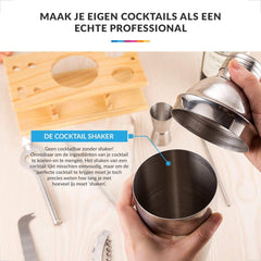 YONO Luxe Cocktail Shaker Set 9-delig en Organizer – Metaal met Houten Bar Stand