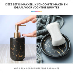 Badkamer Accessoires Set – Tandenborstelhouder –Zeeppompje Zeepbakje – Keramiek met Marmer Design – Zwart