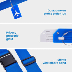 YONO Kofferriem met Kofferlabel - 2 Kofferband en 2 Bagagelabel - Dubbele Bagage Riem Verstelbaar - 4 Pack - Blauw