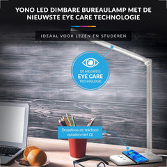 YONO Bureaulamp LED Dimbaar - met Draadloos Oplader en USB - Tafellamp met Stekker - Warm en Wit Licht - Zilver