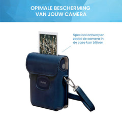 YONO Case geschikt voor Fujifilm Instax Mini Link 2 - Leren Hoesje met Draagriem - Tasje - Beschermhoes - Donkerblauw