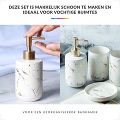 Badkamer Accessoires Set – Tandenborstelhouder –Zeeppompje Zeepbakje – Keramiek met Marmer Design – Wit