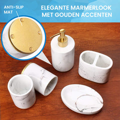 YONO Badkamer Accessoires Set - Zeeppompje - Zeepbakje - Tandenborstel Houder - Beker - Marmerlook Wit Goud