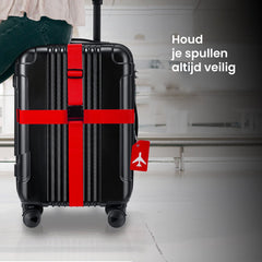 YONO Kofferriem met Kofferlabel - 2 Kofferband en 2 Bagagelabel - Dubbele Bagage Riem Verstelbaar - 4 Pack - Rood