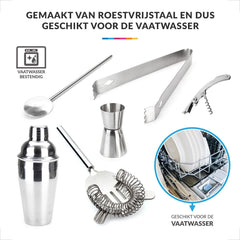 YONO Luxe Cocktail Shaker Set 9-delig en Organizer – Metaal met Houten Bar Stand