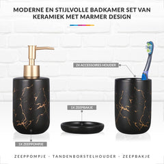 Badkamer Accessoires Set – Tandenborstelhouder –Zeeppompje Zeepbakje – Keramiek met Marmer Design – Zwart