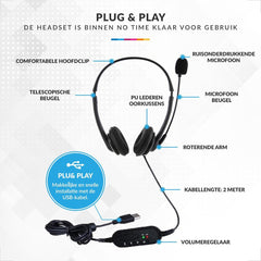 YONO Headset met Microfoon - Koptelefoon met Draad - USB Plug en Play - voor Laptop / Telefoon / PC / Kantoor - Zwart
