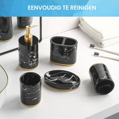 YONO Badkamer Accessoires Set - Zeeppompje - Zeepbakje - Tandenborstel Houder - Beker - Marmerlook Zwart Goud