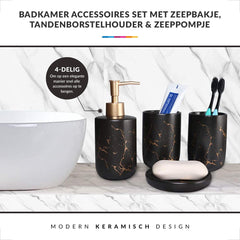 Badkamer Accessoires Set – Tandenborstelhouder –Zeeppompje Zeepbakje – Keramiek met Marmer Design – Zwart